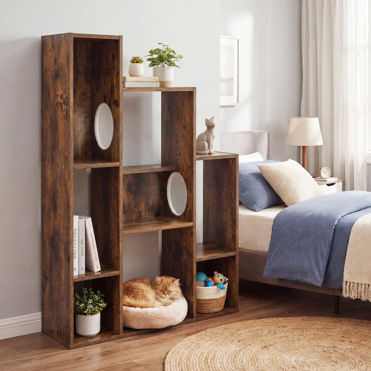 Modern Cat Bookshelf Cat Tree 8-Section Storage Cabinet with 2 Round Holes-Rustic Brown-Cat Trees & Scratchers-DECOROLALA