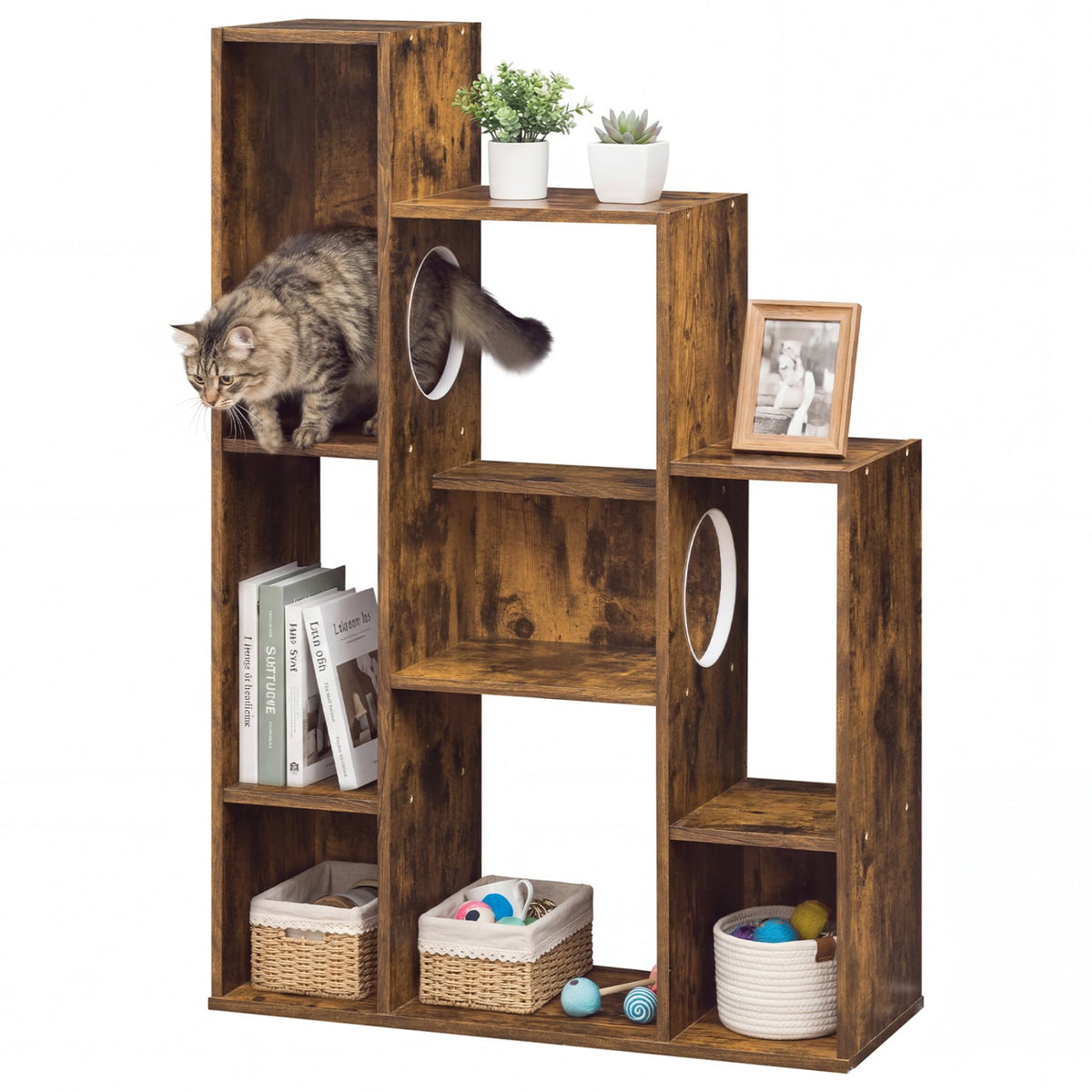 Modern Cat Bookshelf Cat Tree 8-Section Storage Cabinet with 2 Round Holes-Rustic Brown-Cat Trees & Scratchers-DECOROLALA