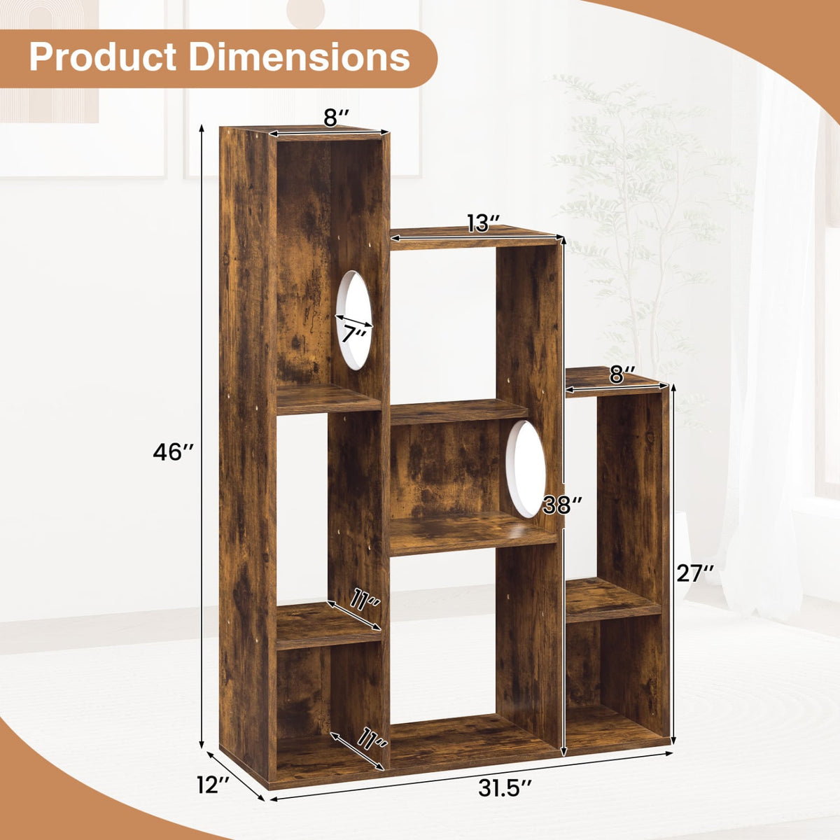 Modern Cat Bookshelf Cat Tree 8-Section Storage Cabinet with 2 Round Holes-Rustic Brown-Cat Trees & Scratchers-DECOROLALA