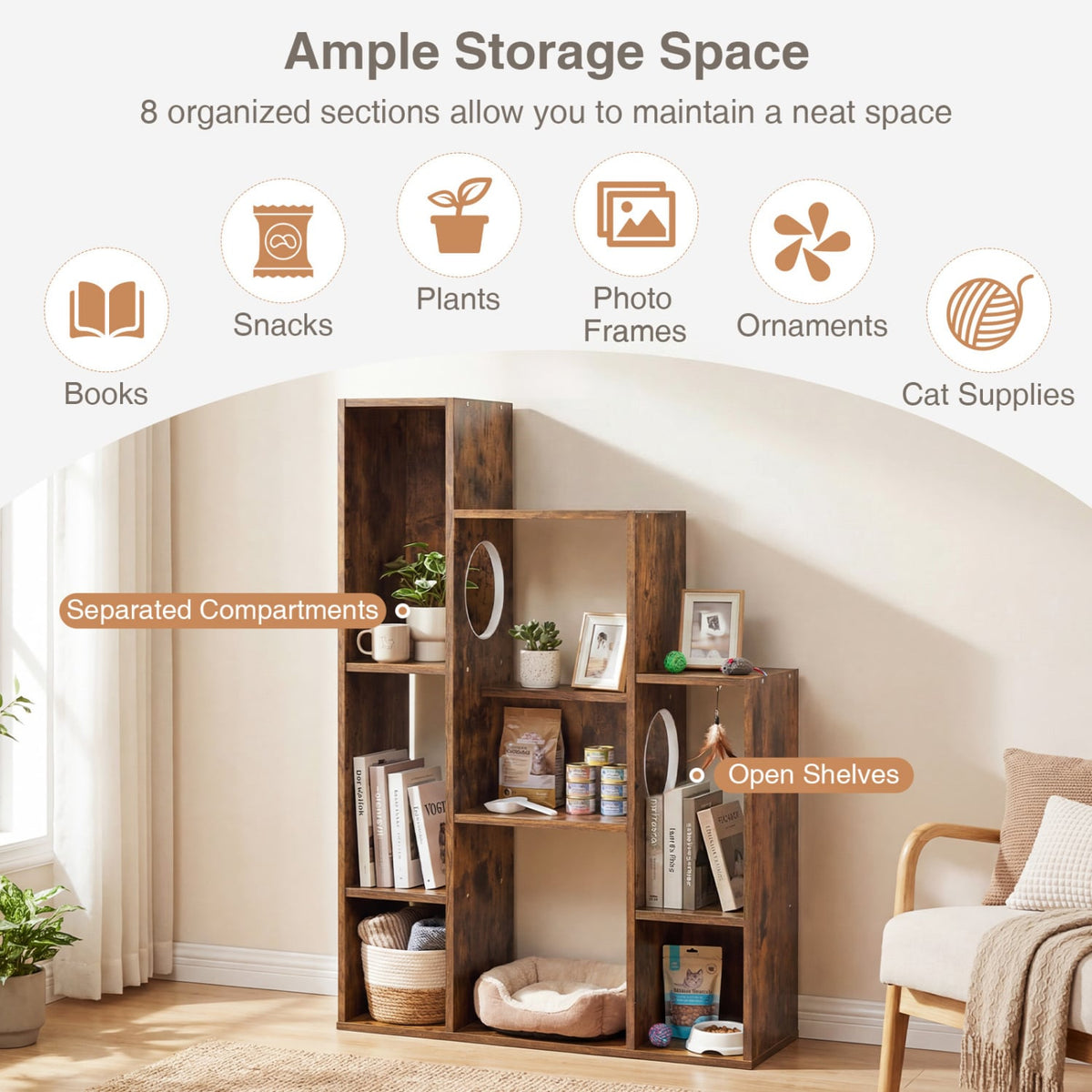 Modern Cat Bookshelf Cat Tree 8-Section Storage Cabinet with 2 Round Holes-Rustic Brown-Cat Trees & Scratchers-DECOROLALA