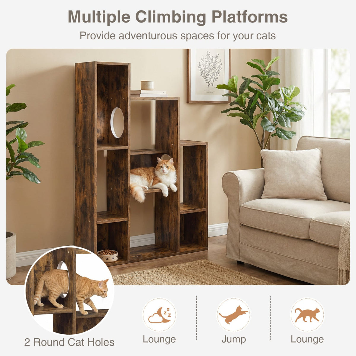 Modern Cat Bookshelf Cat Tree 8-Section Storage Cabinet with 2 Round Holes-Rustic Brown-Cat Trees & Scratchers-DECOROLALA