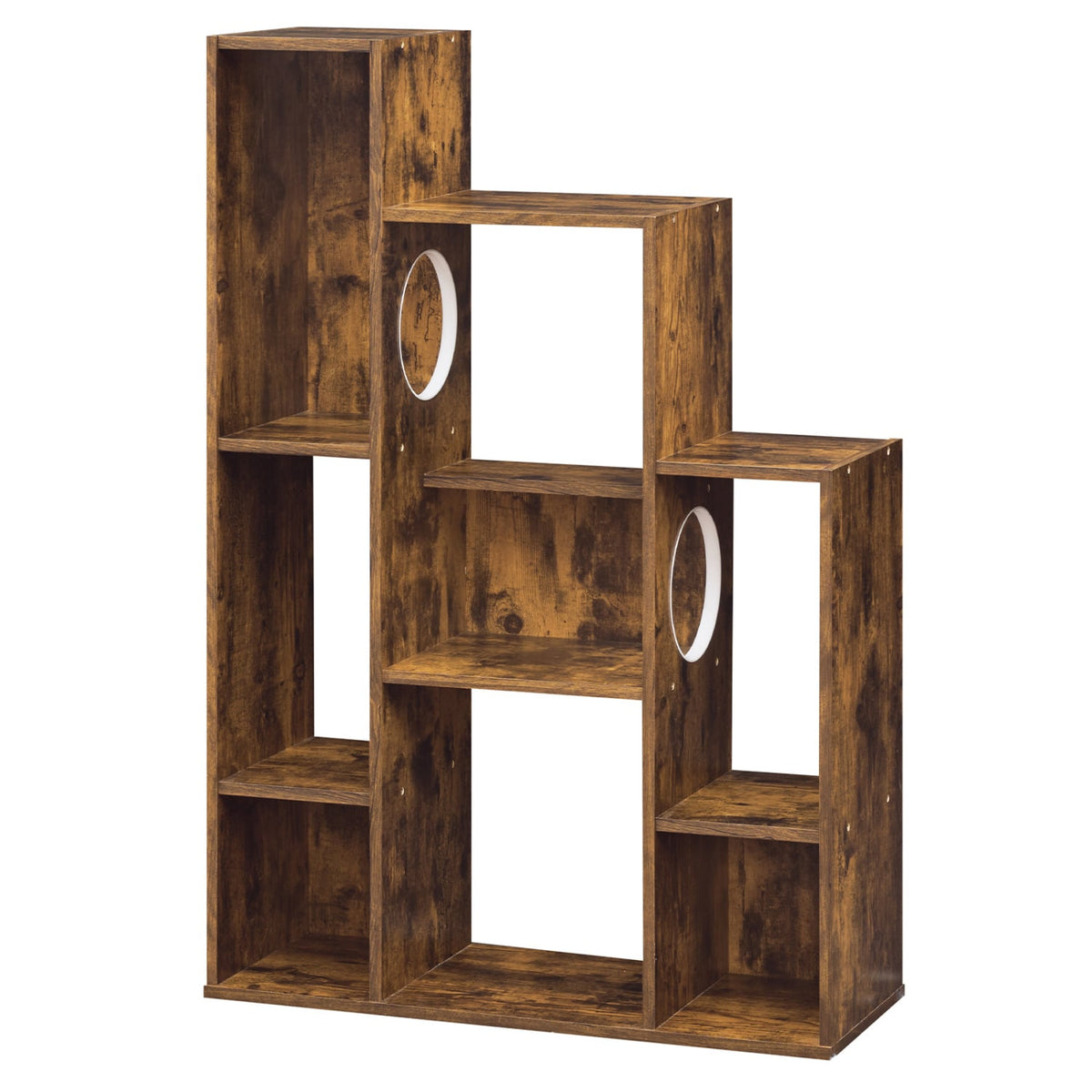 Modern Cat Bookshelf Cat Tree 8-Section Storage Cabinet with 2 Round Holes-Rustic Brown-Cat Trees & Scratchers-DECOROLALA