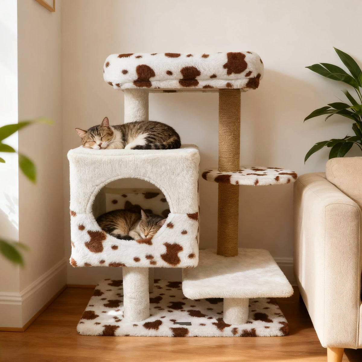 Modern Cat Tree Indoor Cat Tower with Wide Upholstered Perch and 2-Entrance Cat Condo-White-Cat Trees & Scratchers-DECOROLALA