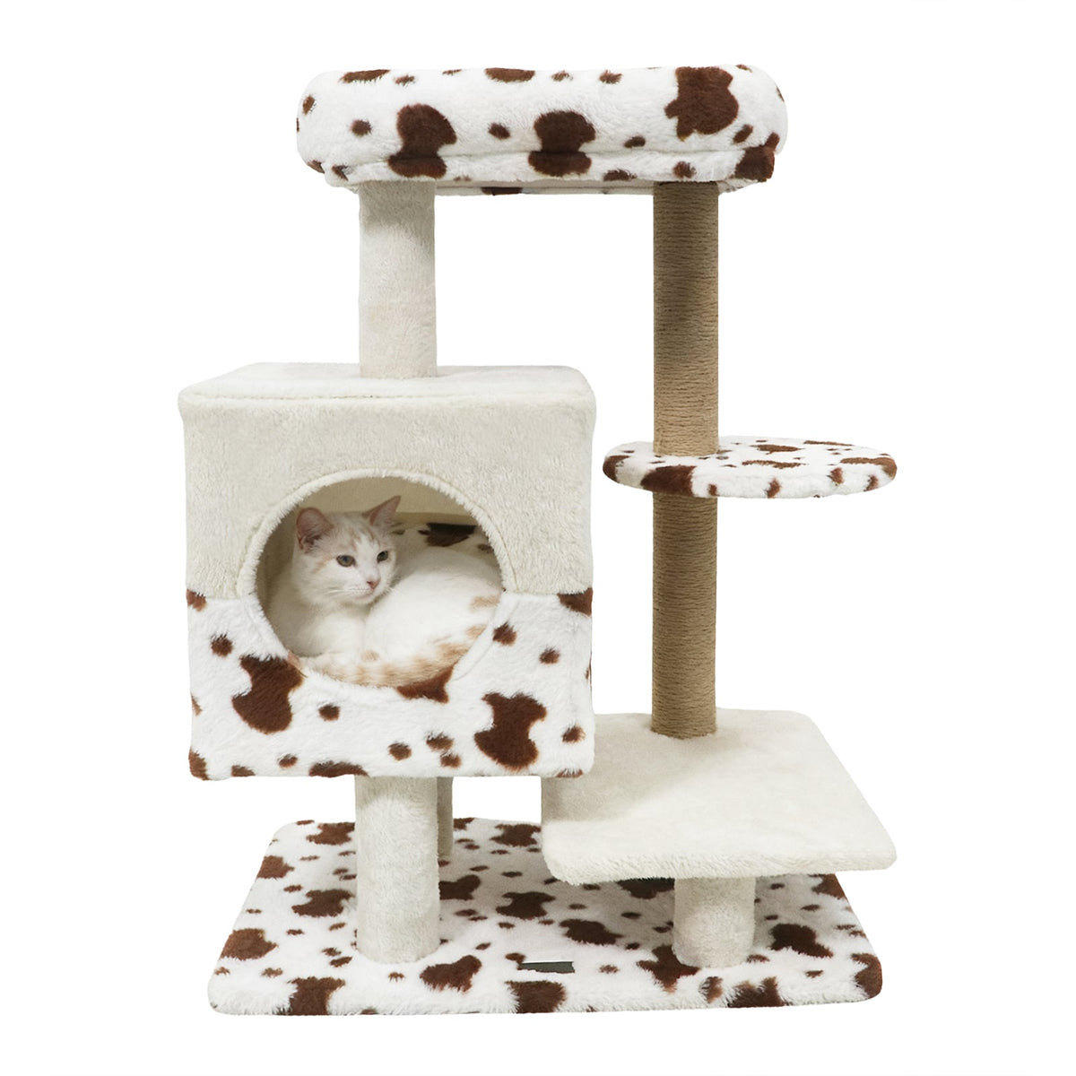 Modern Cat Tree Indoor Cat Tower with Wide Upholstered Perch and 2-Entrance Cat Condo-White-Cat Trees & Scratchers-DECOROLALA