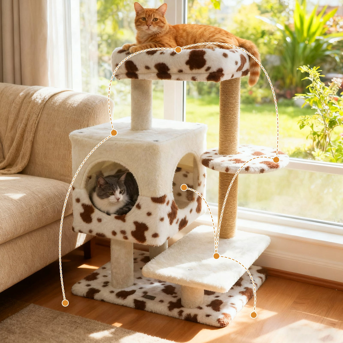 Modern Cat Tree Indoor Cat Tower with Wide Upholstered Perch and 2-Entrance Cat Condo-White-Cat Trees & Scratchers-DECOROLALA