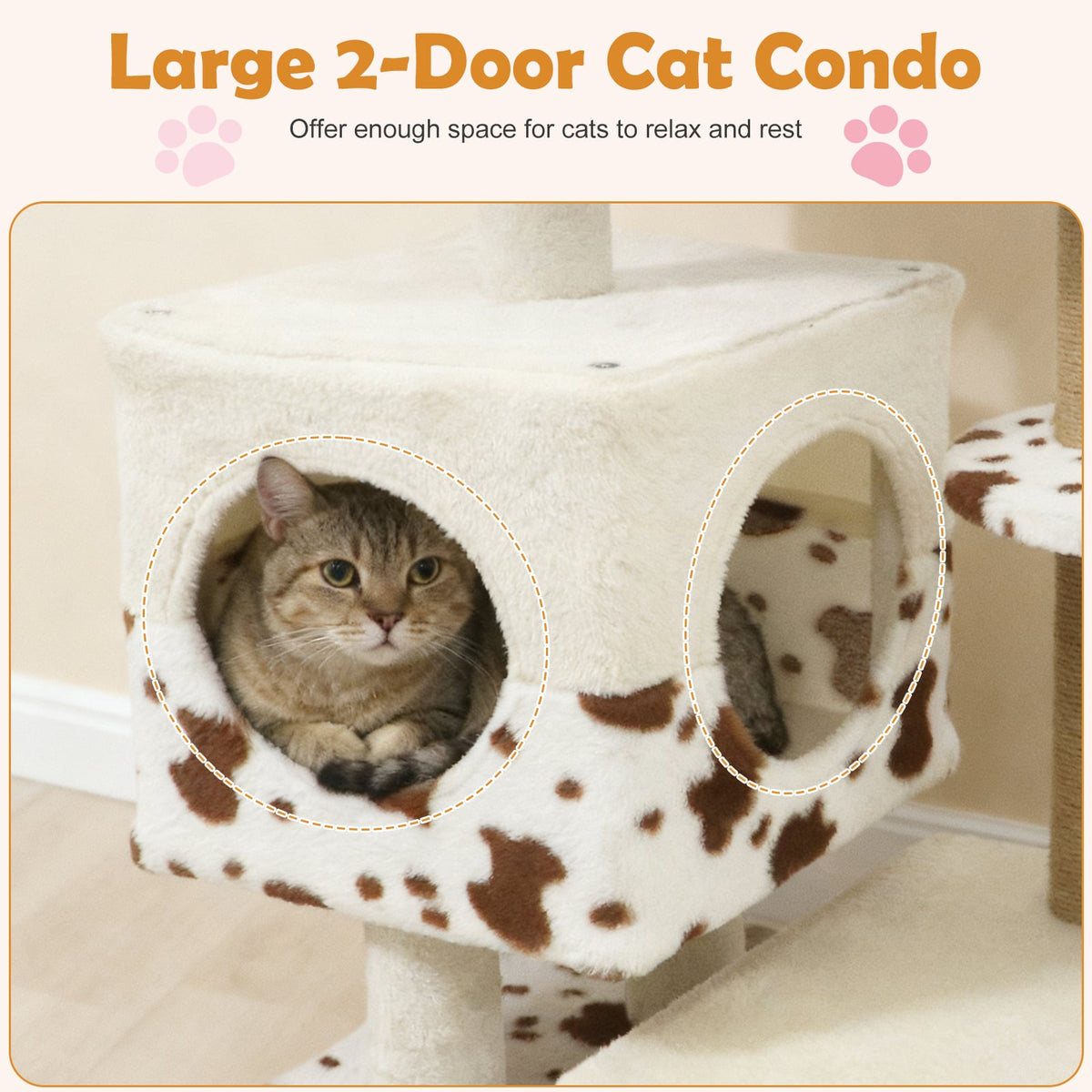 Modern Cat Tree Indoor Cat Tower with Wide Upholstered Perch and 2-Entrance Cat Condo-White-Cat Trees & Scratchers-DECOROLALA