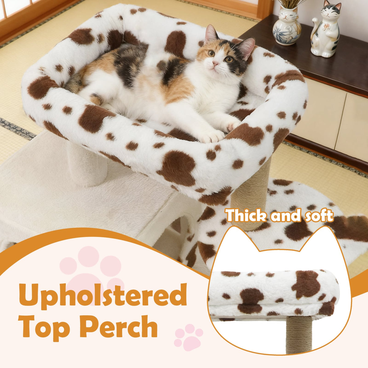 Modern Cat Tree Indoor Cat Tower with Wide Upholstered Perch and 2-Entrance Cat Condo-White-Cat Trees & Scratchers-DECOROLALA