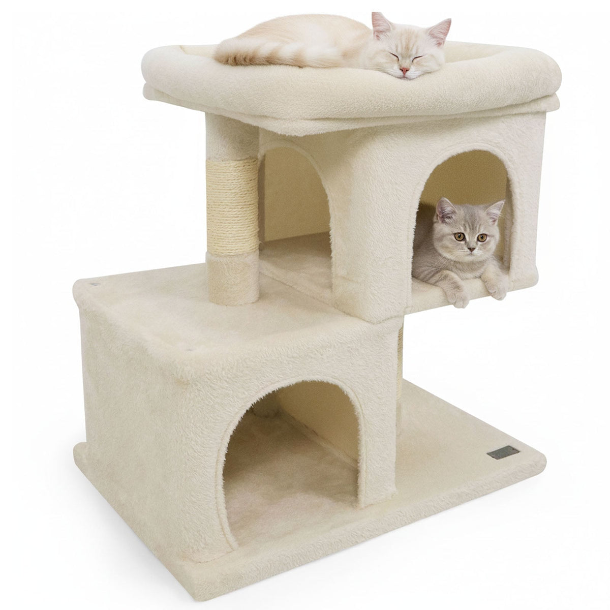 Modern Cat Tree Space-saving Cat Tower with Upholstered Perch and 2 Cat Condos-Beige-Cat Trees & Scratchers-DECOROLALA