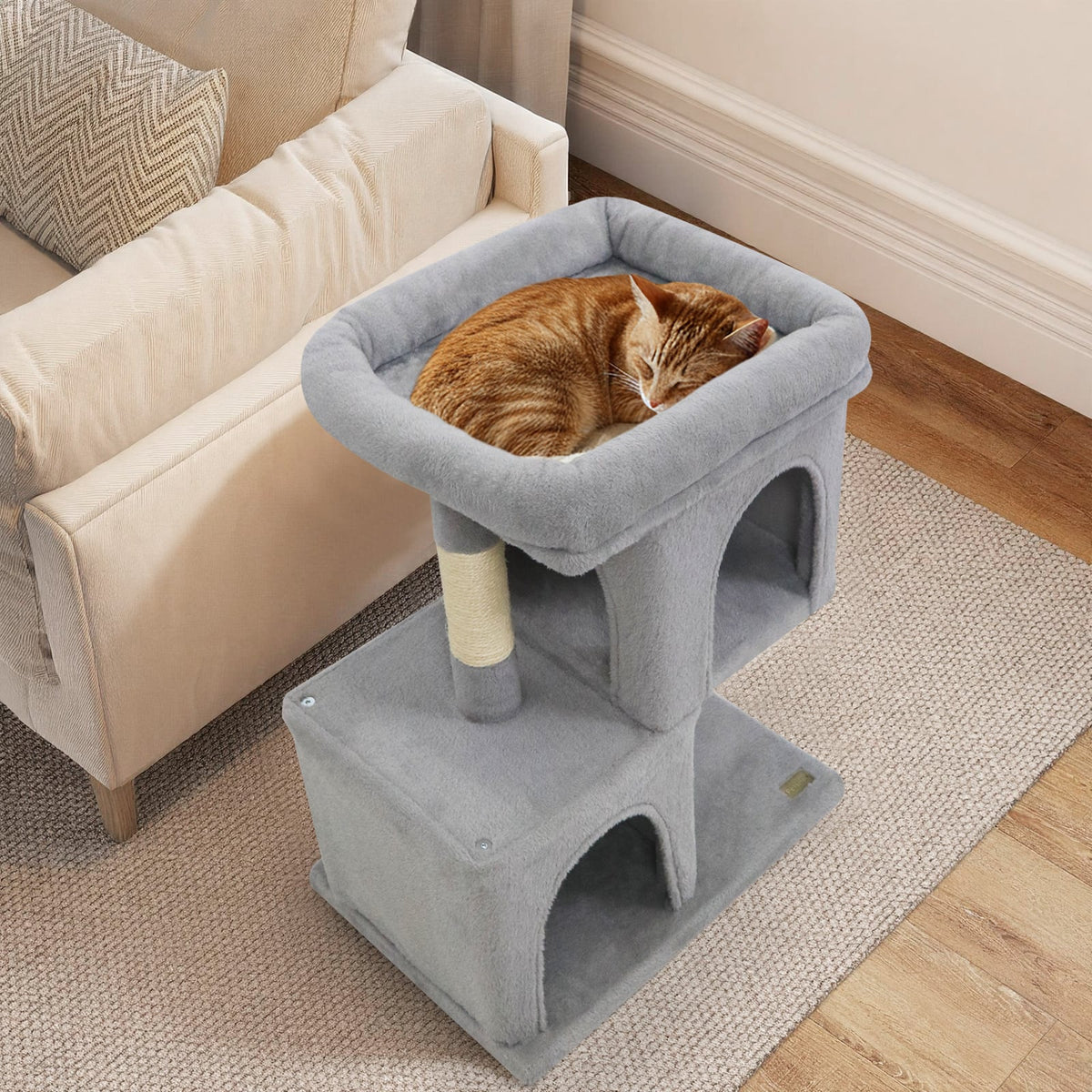 Modern Cat Tree Space-saving Cat Tower with Upholstered Perch and 2 Cat Condos-Gray-Cat Trees & Scratchers-DECOROLALA