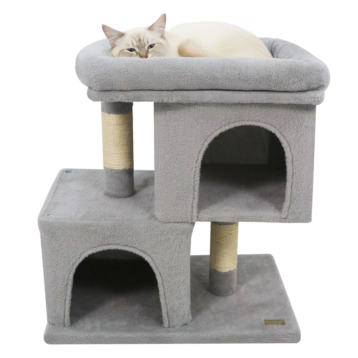 Modern Cat Tree Space-saving Cat Tower with Upholstered Perch and 2 Cat Condos-Gray-Cat Trees & Scratchers-DECOROLALA