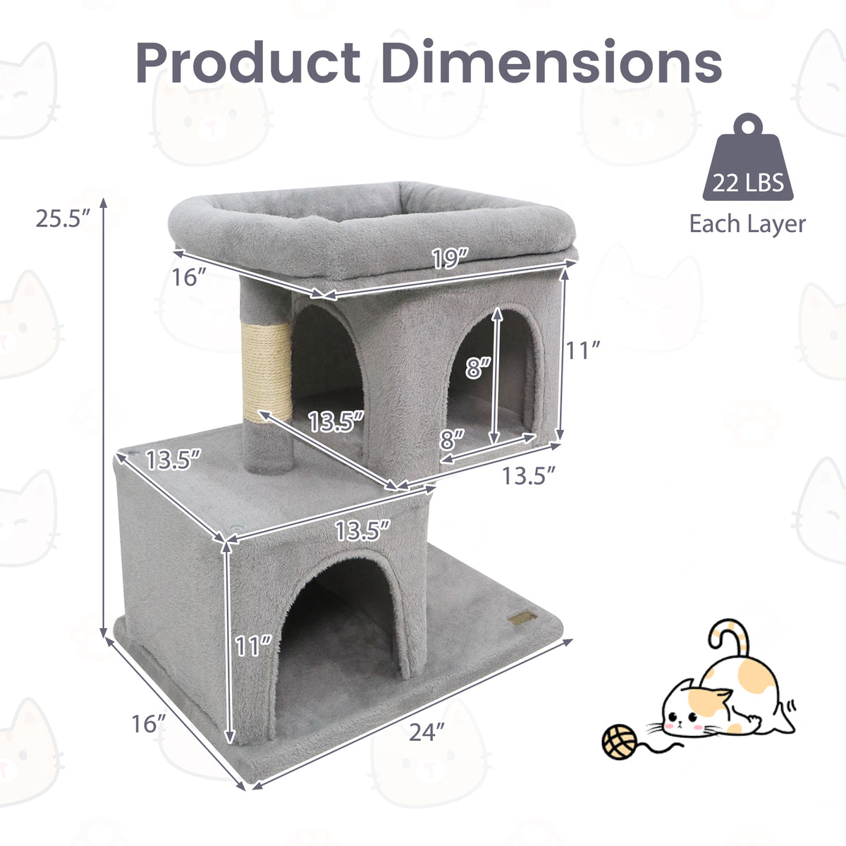 Modern Cat Tree Space-saving Cat Tower with Upholstered Perch and 2 Cat Condos-Gray-Cat Trees & Scratchers-DECOROLALA