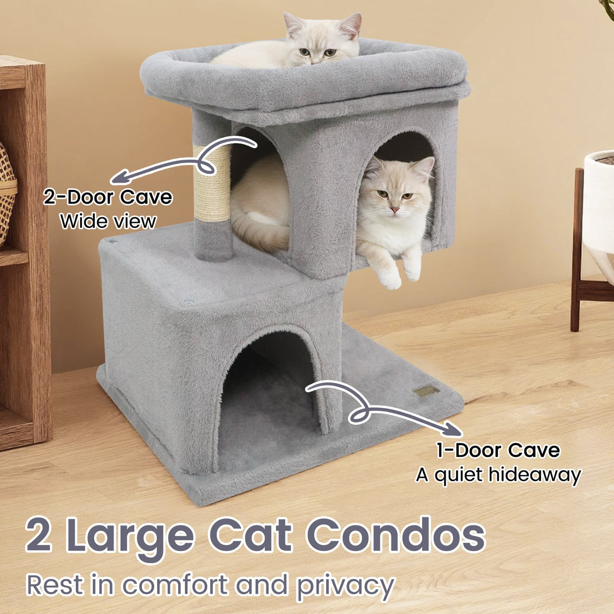Modern Cat Tree Space-saving Cat Tower with Upholstered Perch and 2 Cat Condos-Gray-Cat Trees & Scratchers-DECOROLALA