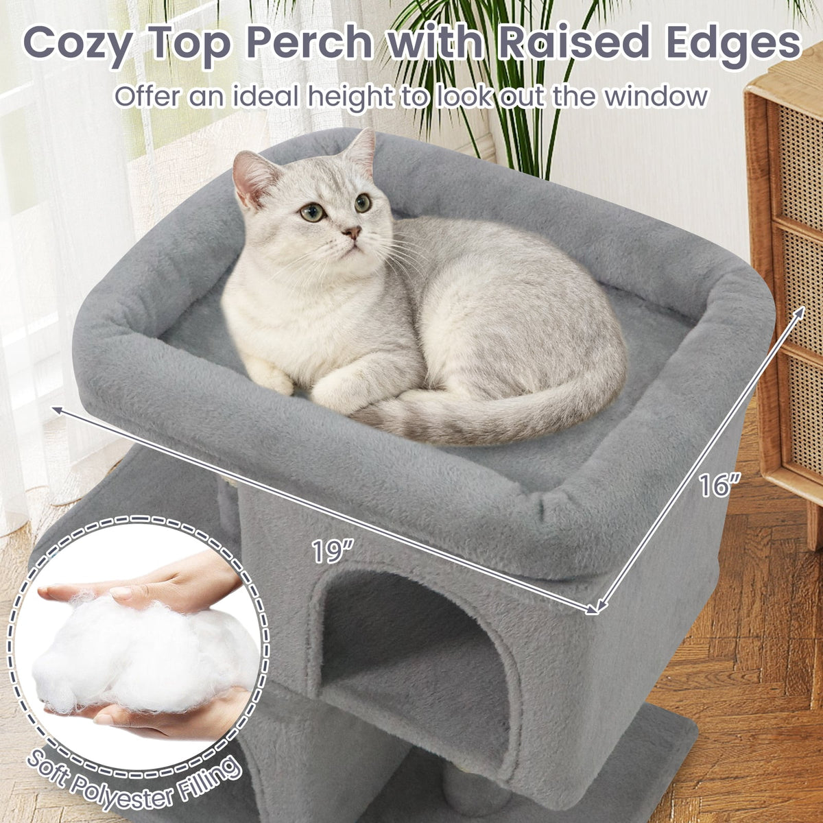 Modern Cat Tree Space-saving Cat Tower with Upholstered Perch and 2 Cat Condos-Gray-Cat Trees & Scratchers-DECOROLALA
