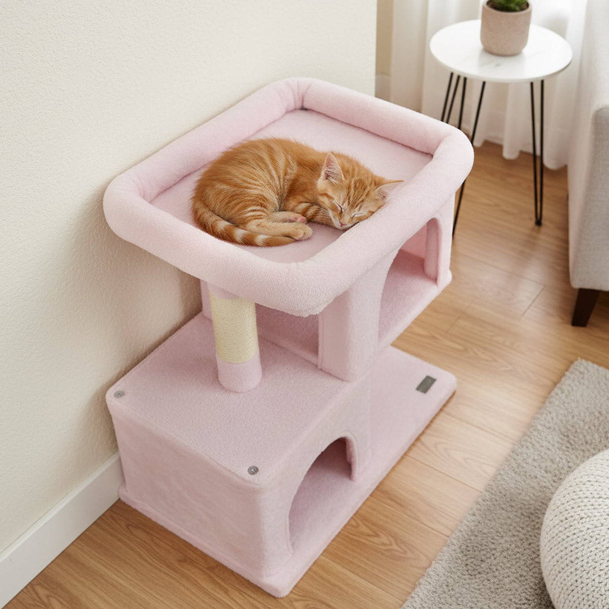Modern Cat Tree Space-saving Cat Tower with Upholstered Perch and 2 Cat Condos-Pink-Cat Trees & Scratchers-DECOROLALA