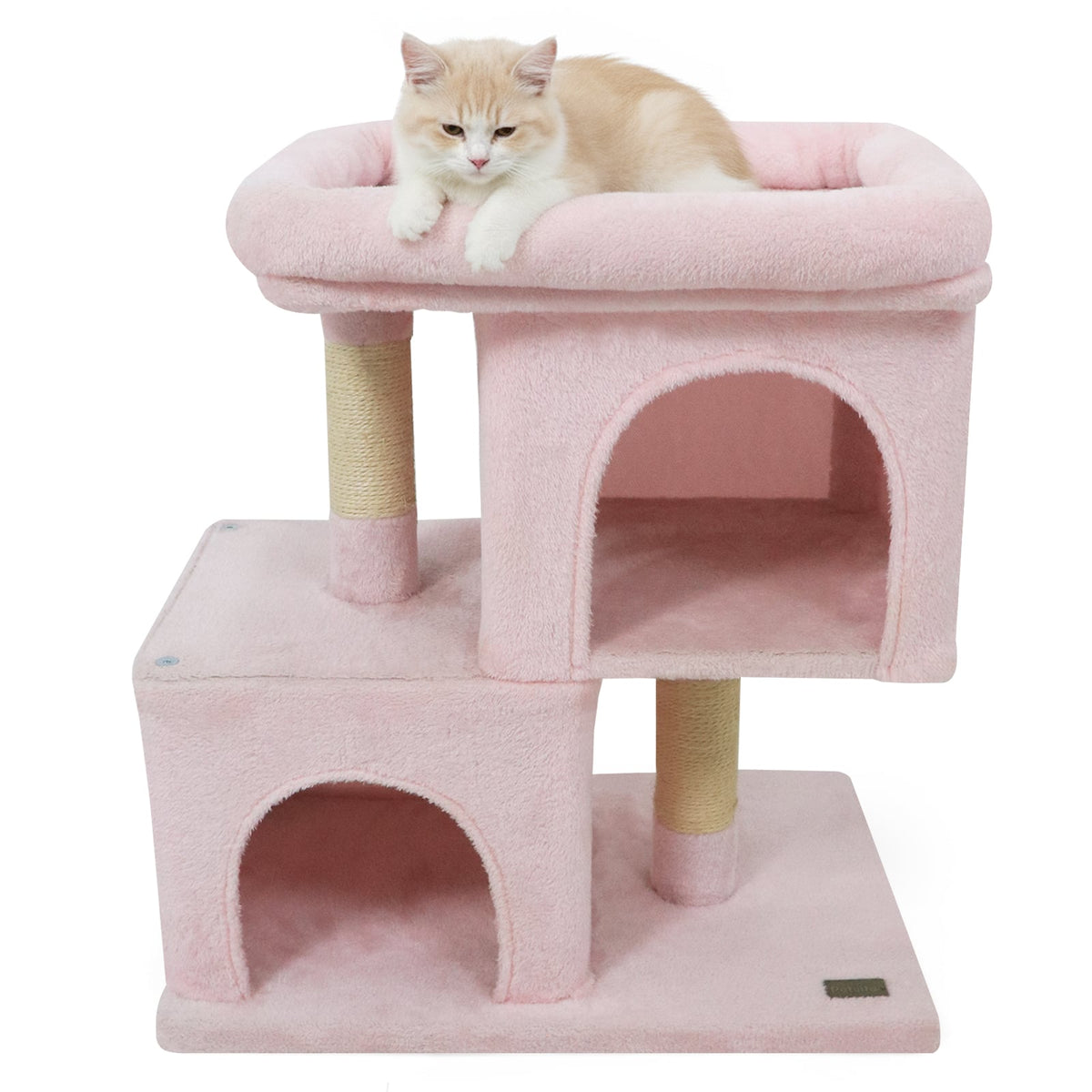 Modern Cat Tree Space-saving Cat Tower with Upholstered Perch and 2 Cat Condos-Pink-Cat Trees & Scratchers-DECOROLALA