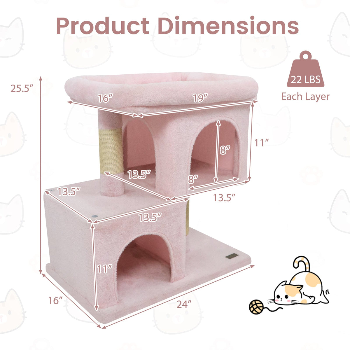 Modern Cat Tree Space-saving Cat Tower with Upholstered Perch and 2 Cat Condos-Pink-Cat Trees & Scratchers-DECOROLALA