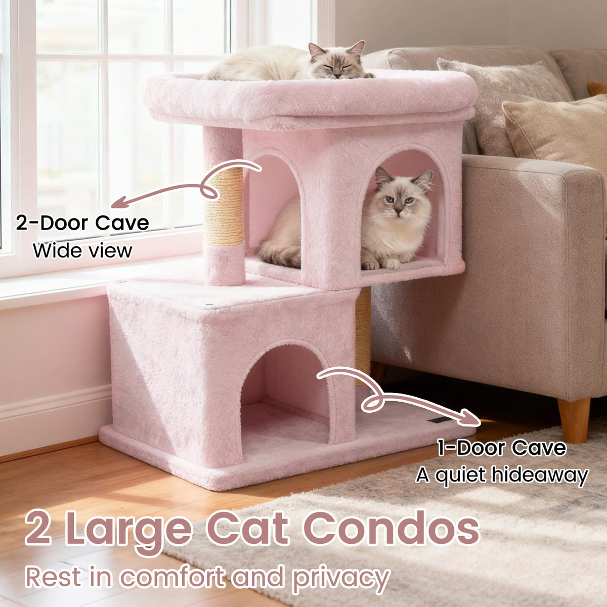 Modern Cat Tree Space-saving Cat Tower with Upholstered Perch and 2 Cat Condos-Pink-Cat Trees & Scratchers-DECOROLALA