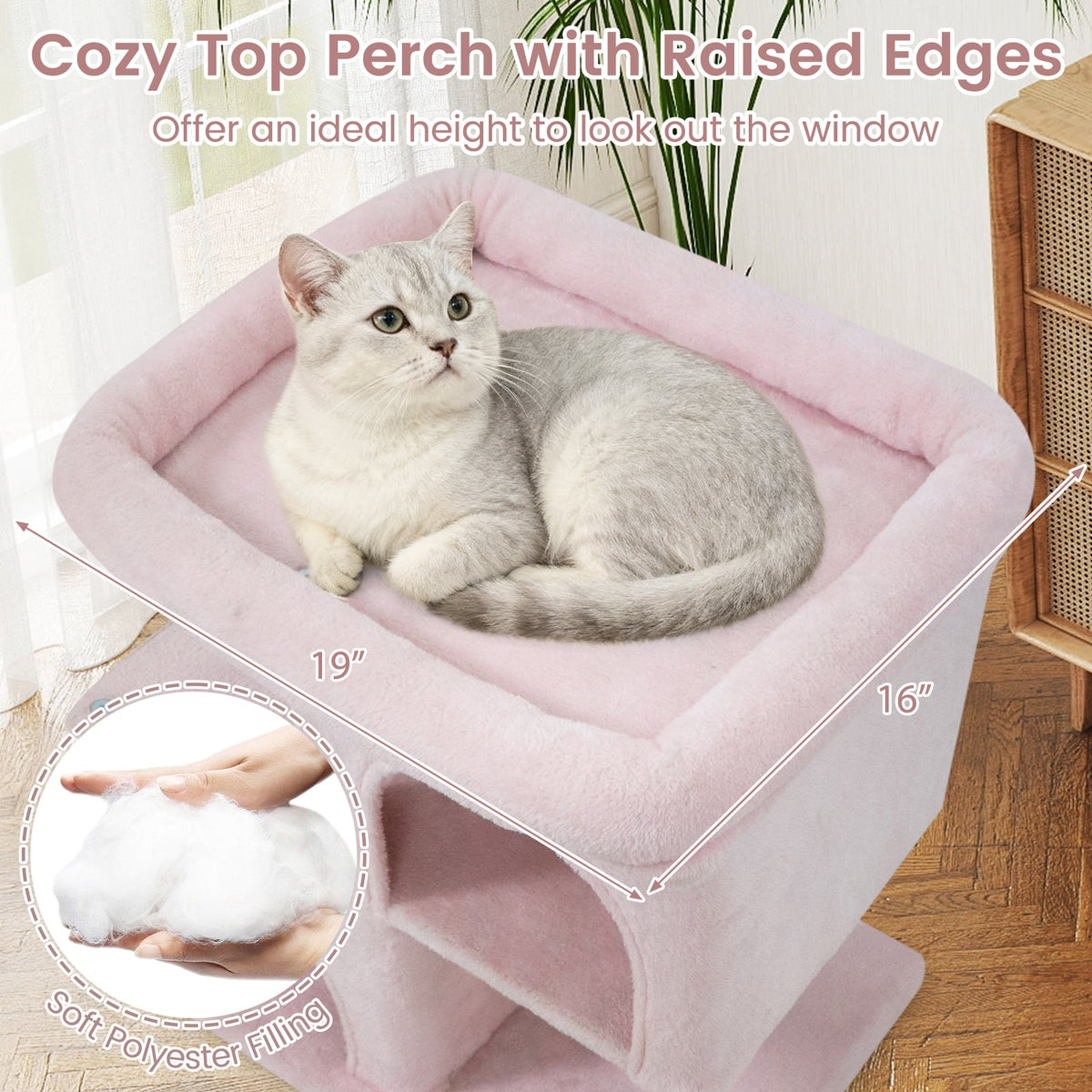 Modern Cat Tree Space-saving Cat Tower with Upholstered Perch and 2 Cat Condos-Pink-Cat Trees & Scratchers-DECOROLALA