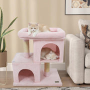 Modern Cat Tree Space-saving Cat Tower with Upholstered Perch and 2 Cat Condos-Pink-Cat Trees & Scratchers-DECOROLALA