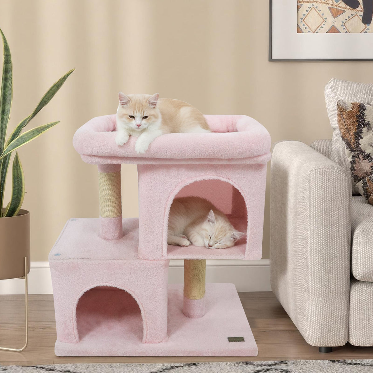 Modern Cat Tree Space-saving Cat Tower with Upholstered Perch and 2 Cat Condos-Pink-Cat Trees & Scratchers-DECOROLALA