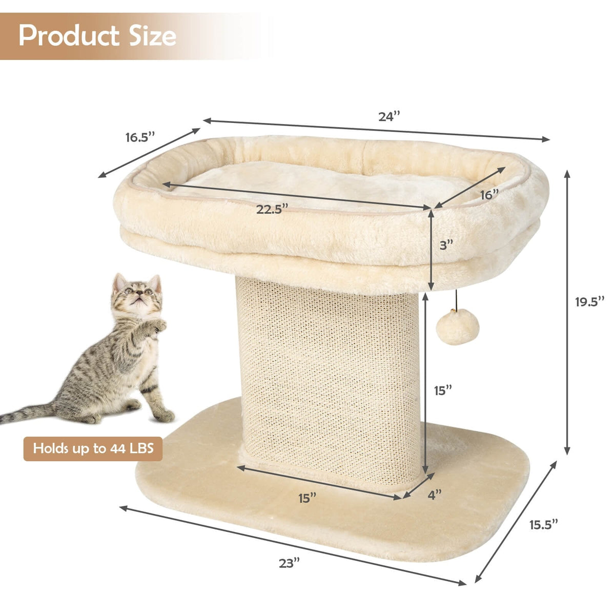 Modern Cat Tree Tower with Large Plush Perch and Sisal Scratching Plate-Beige-Cat Trees & Scratchers-DECOROLALA