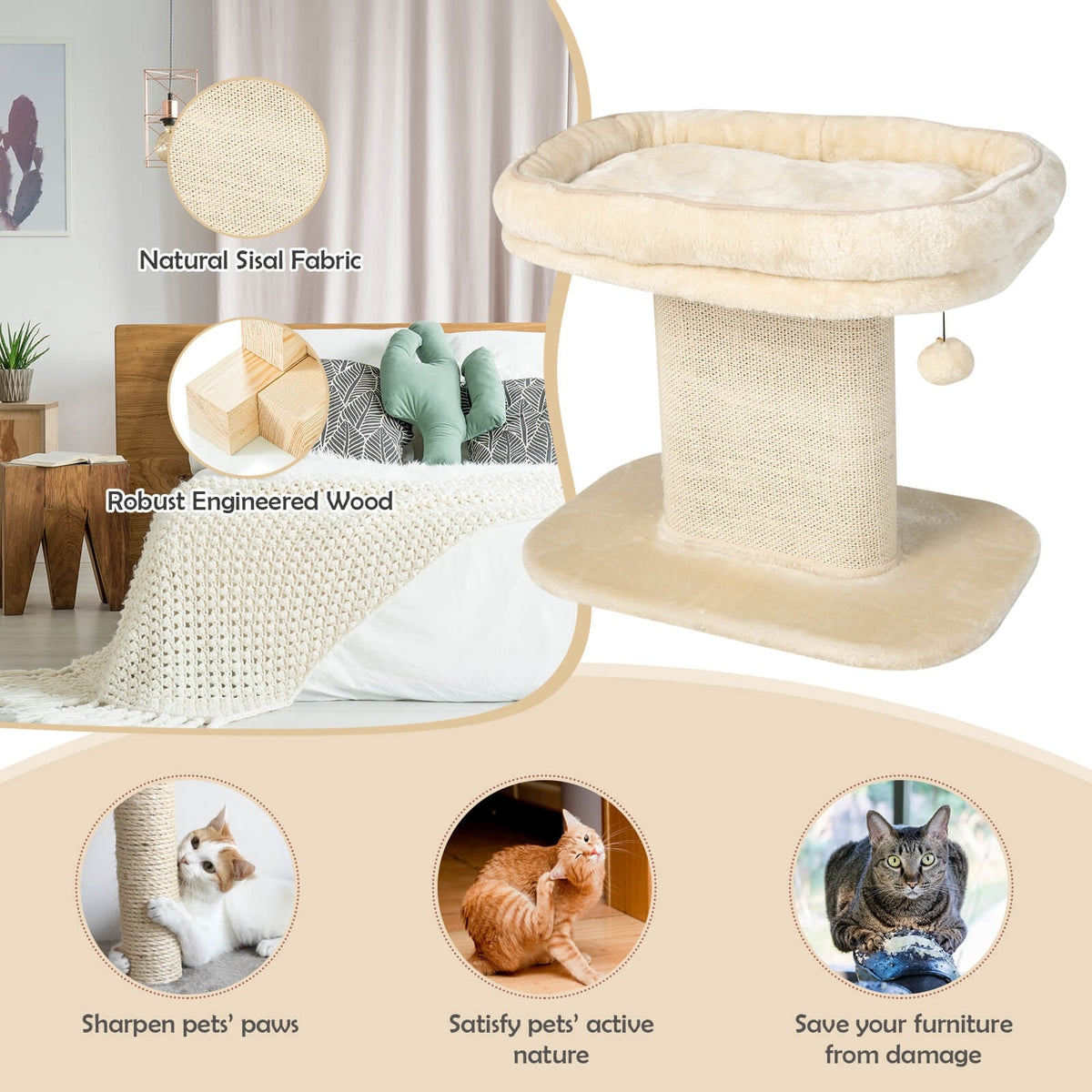 Modern Cat Tree Tower with Large Plush Perch and Sisal Scratching Plate-Beige-Cat Trees & Scratchers-DECOROLALA