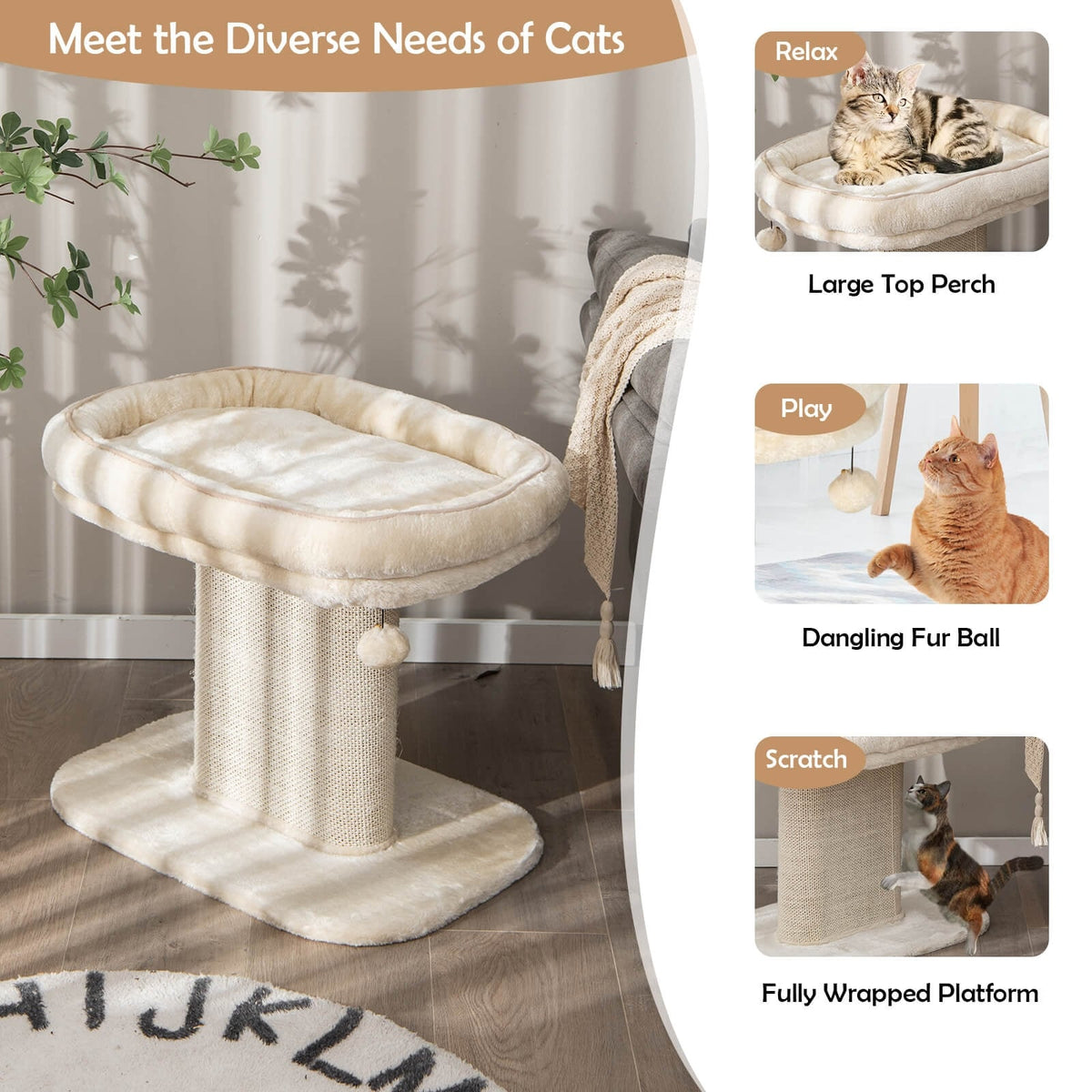 Modern Cat Tree Tower with Large Plush Perch and Sisal Scratching Plate-Beige-Cat Trees & Scratchers-DECOROLALA
