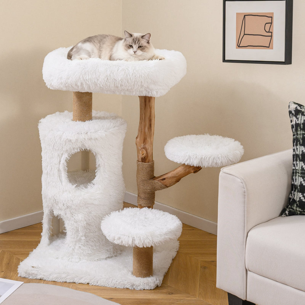 Modern Cat Tree for Indoor Cats 30.5 Cat Tower with Real Solid Wood Branches-White-Cat Trees & Scratchers-DECOROLALA
