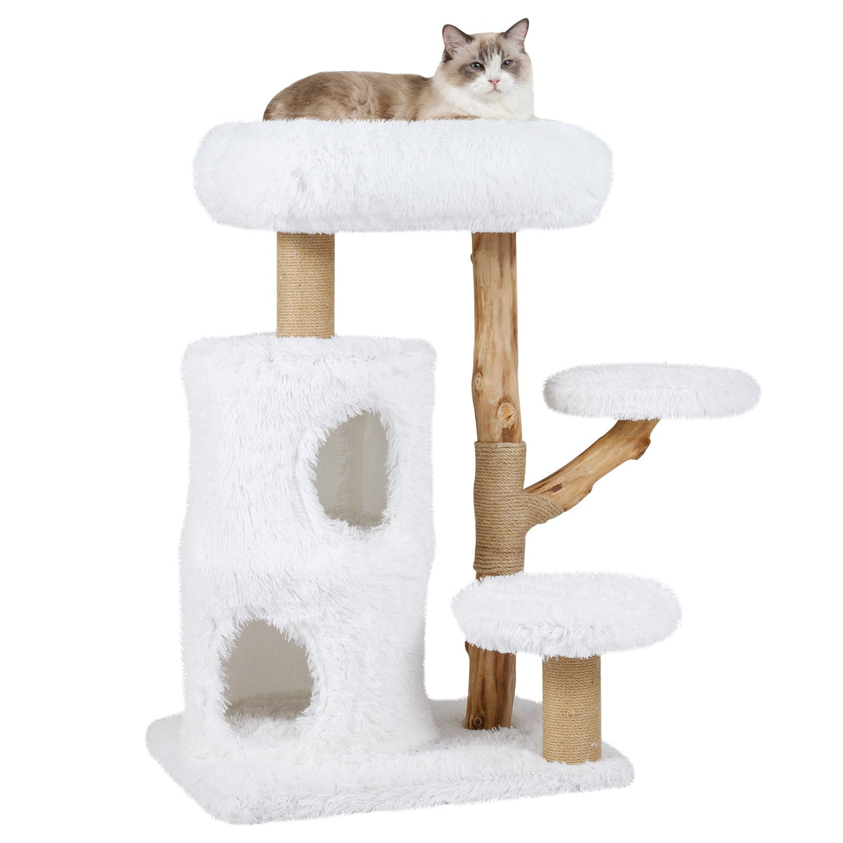 Modern Cat Tree for Indoor Cats 30.5 Cat Tower with Real Solid Wood Branches-White-Cat Trees & Scratchers-DECOROLALA