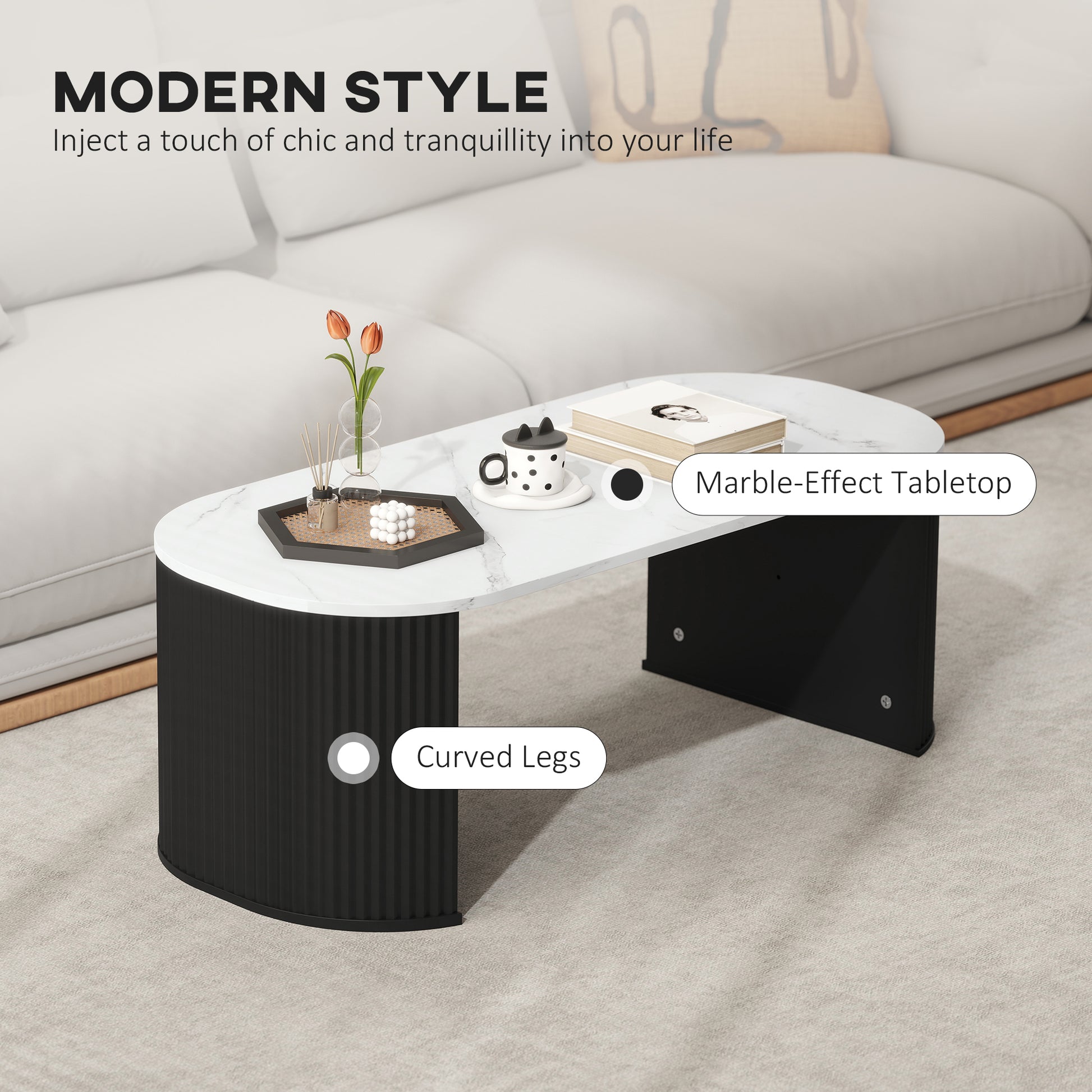 Modern Coffee Table - White Marble-Effect 43" Black Legs-Home Furnishings > Living Room Furniture > Coffee Tables-DECOROLALA