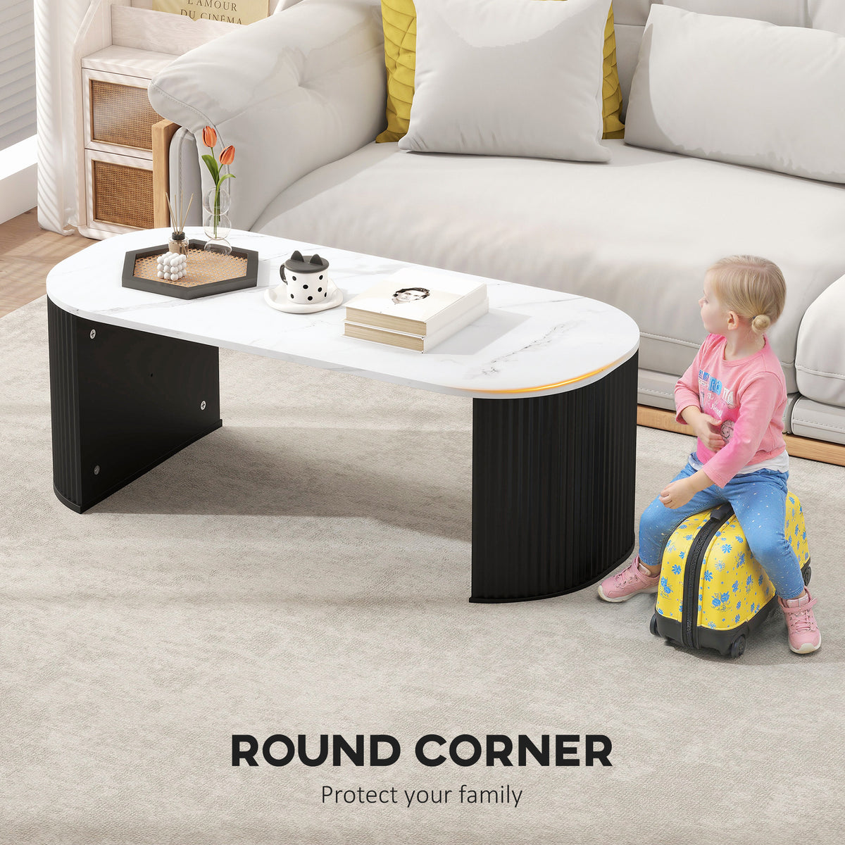 Modern Coffee Table - White Marble-Effect 43" Black Legs-Home Furnishings > Living Room Furniture > Coffee Tables-DECOROLALA