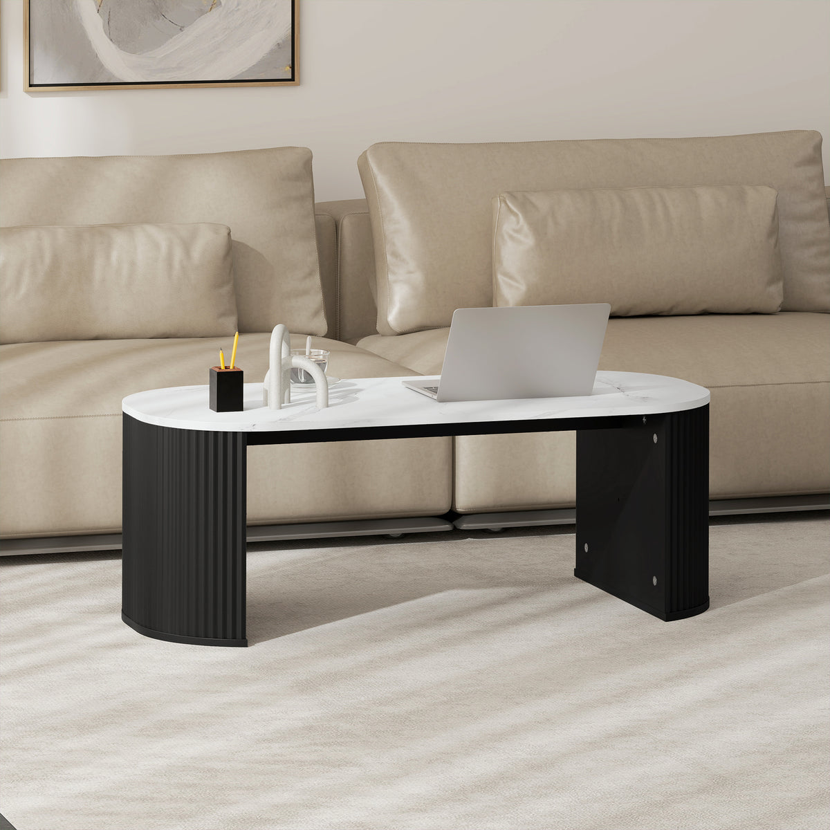 Modern Coffee Table - White Marble-Effect 43" Black Legs-Home Furnishings > Living Room Furniture > Coffee Tables-DECOROLALA