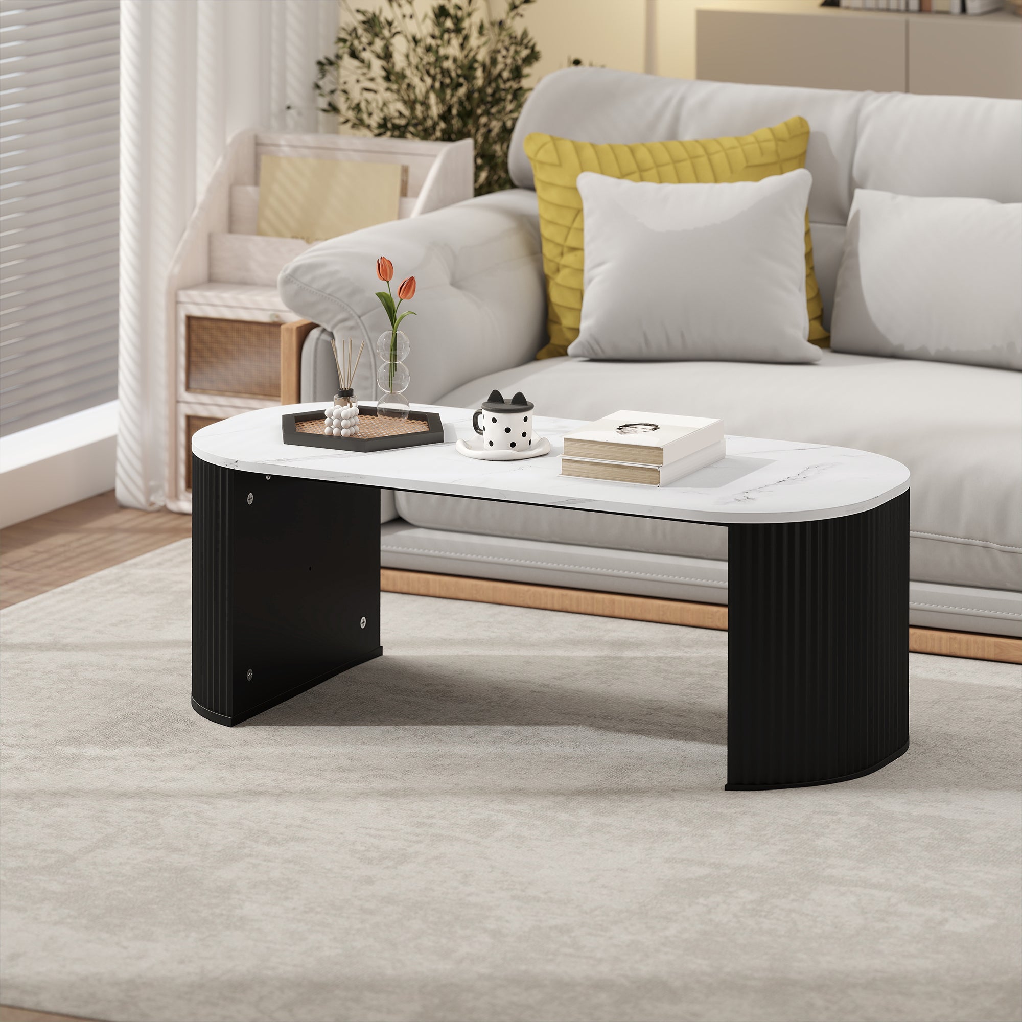 Modern Coffee Table - White Marble-Effect 43" Black Legs-Home Furnishings > Living Room Furniture > Coffee Tables-DECOROLALA