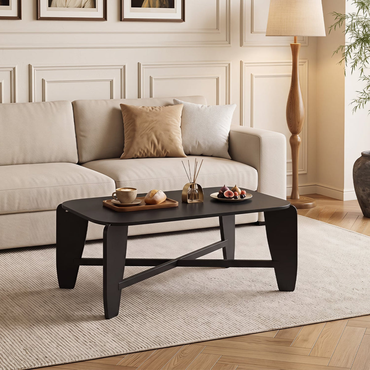 Modern Coffee Table with Rubber Wood Cross-Leg Base Rectangular Center Table-Black-Coffee Tables-DECOROLALA