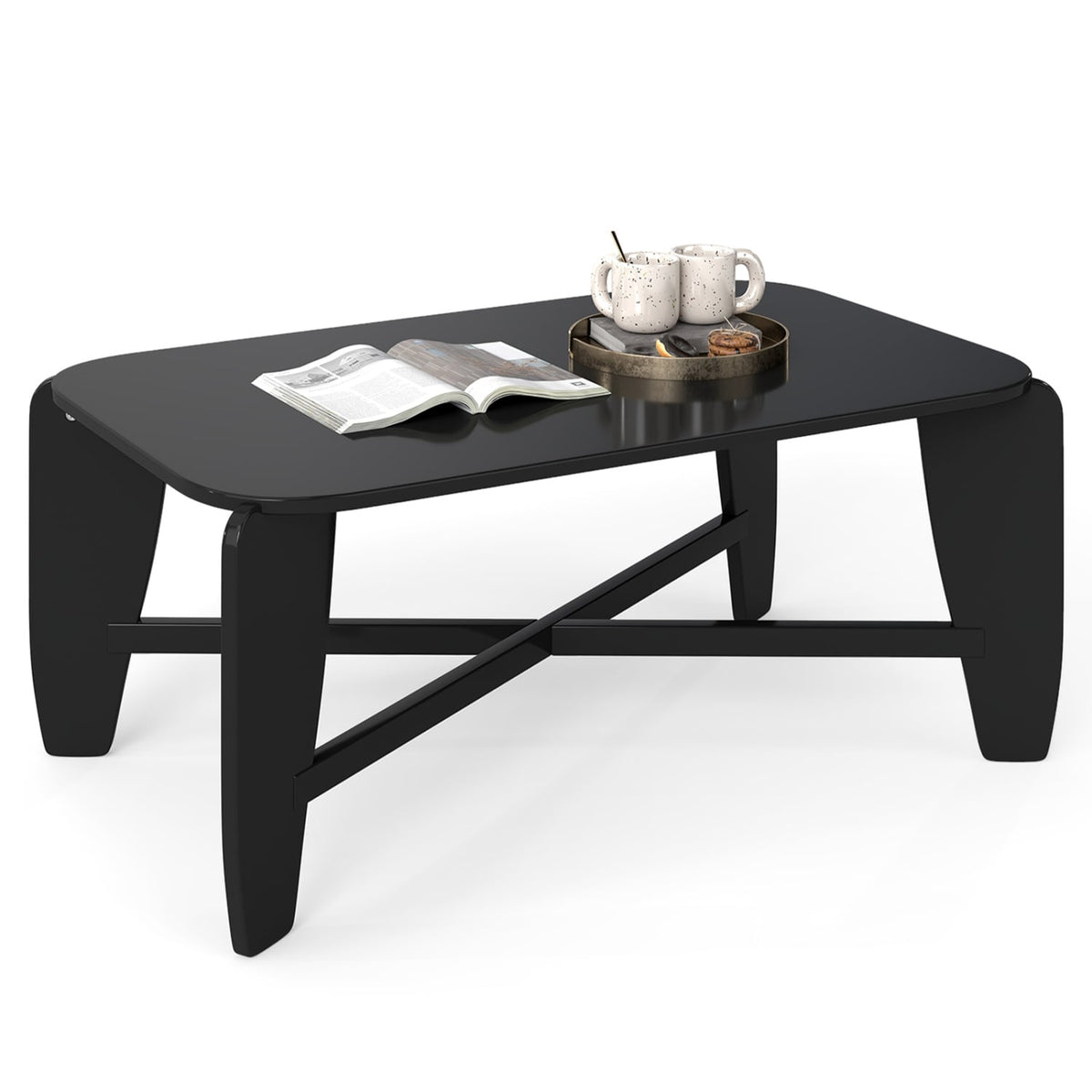 Modern Coffee Table with Rubber Wood Cross-Leg Base Rectangular Center Table-Black-Coffee Tables-DECOROLALA