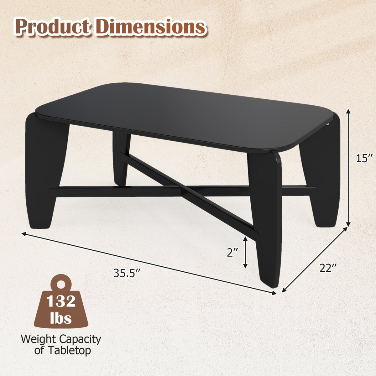 Modern Coffee Table with Rubber Wood Cross-Leg Base Rectangular Center Table-Black-Coffee Tables-DECOROLALA