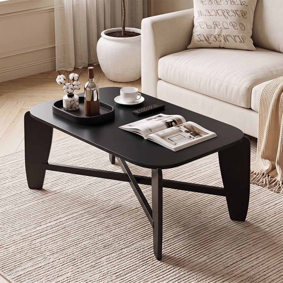 Modern Coffee Table with Rubber Wood Cross-Leg Base Rectangular Center Table-Black-Coffee Tables-DECOROLALA