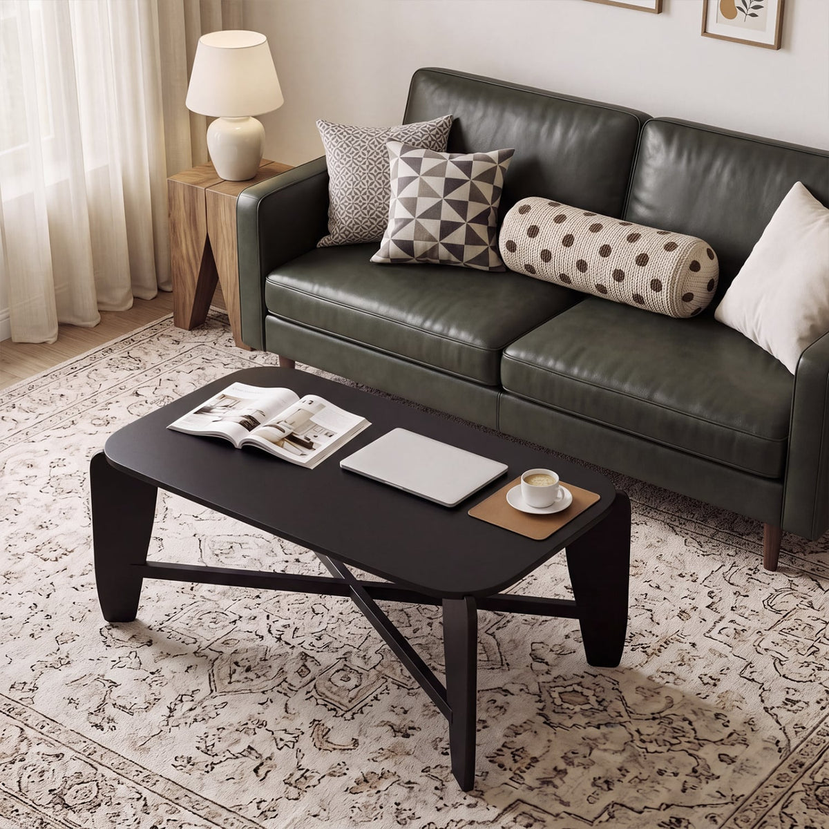 Modern Coffee Table with Rubber Wood Cross-Leg Base Rectangular Center Table-Black-Coffee Tables-DECOROLALA