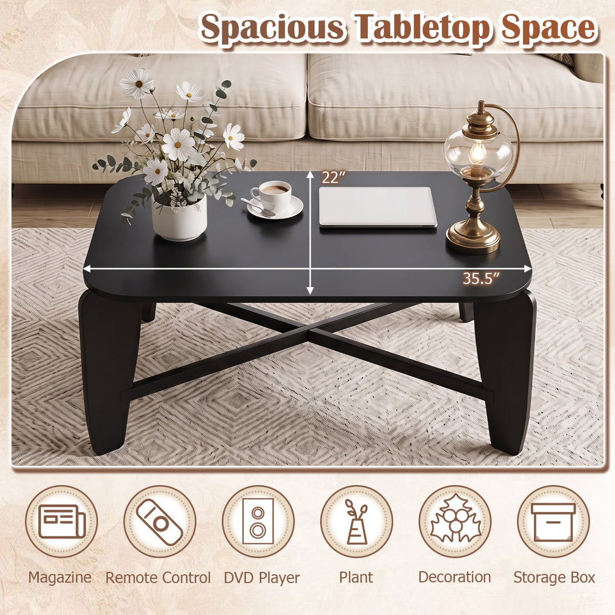 Modern Coffee Table with Rubber Wood Cross-Leg Base Rectangular Center Table-Black-Coffee Tables-DECOROLALA