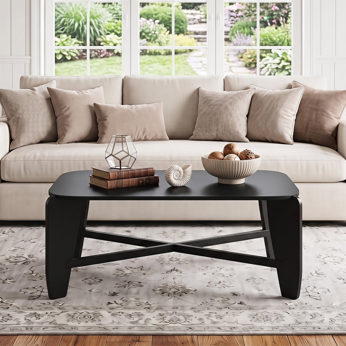 Modern Coffee Table with Rubber Wood Cross-Leg Base Rectangular Center Table-Black-Coffee Tables-DECOROLALA