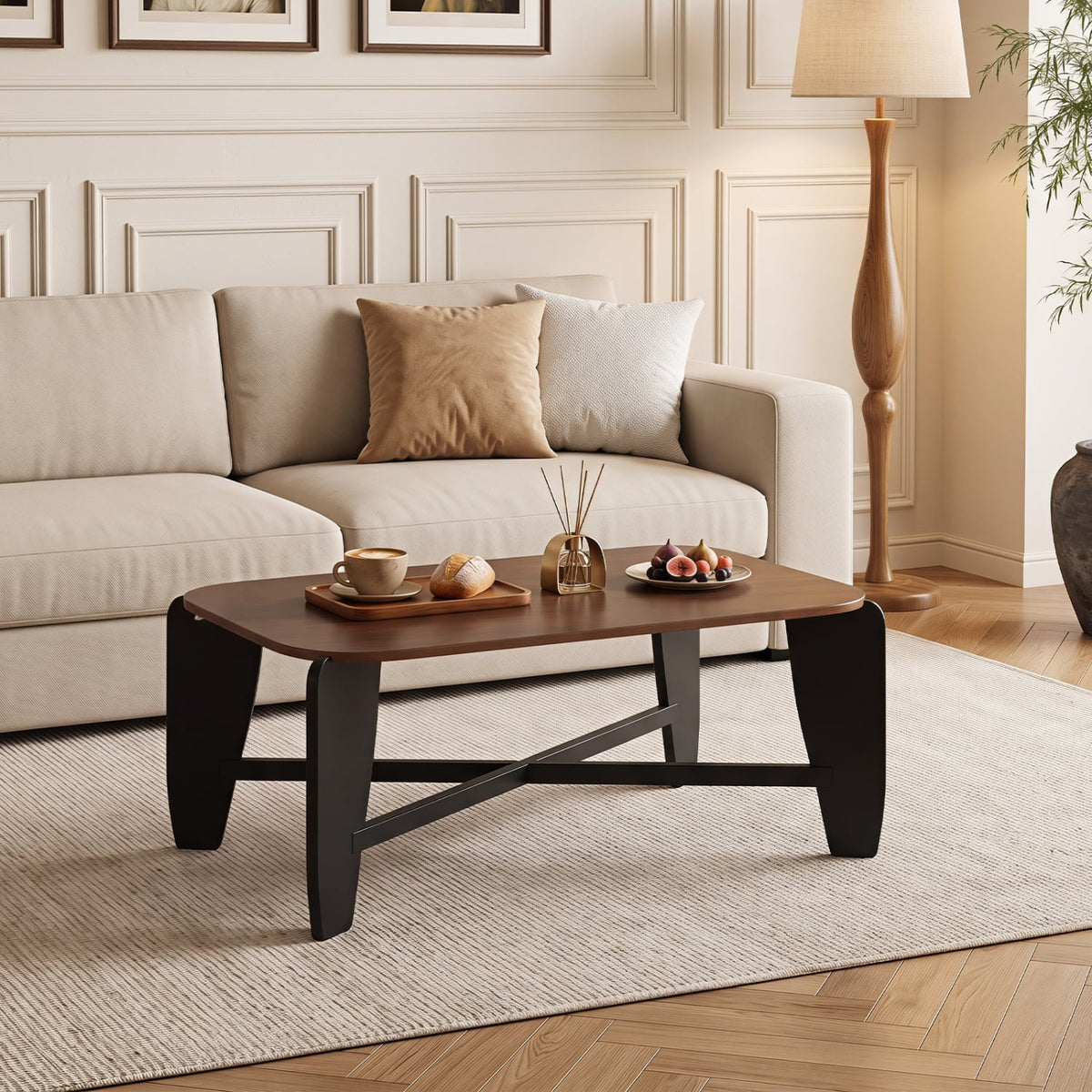 Modern Coffee Table with Rubber Wood Cross-Leg Base Rectangular Center Table-Walnut-Coffee Tables-DECOROLALA