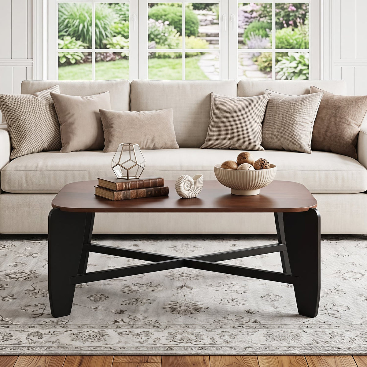 Modern Coffee Table with Rubber Wood Cross-Leg Base Rectangular Center Table-Walnut-Coffee Tables-DECOROLALA