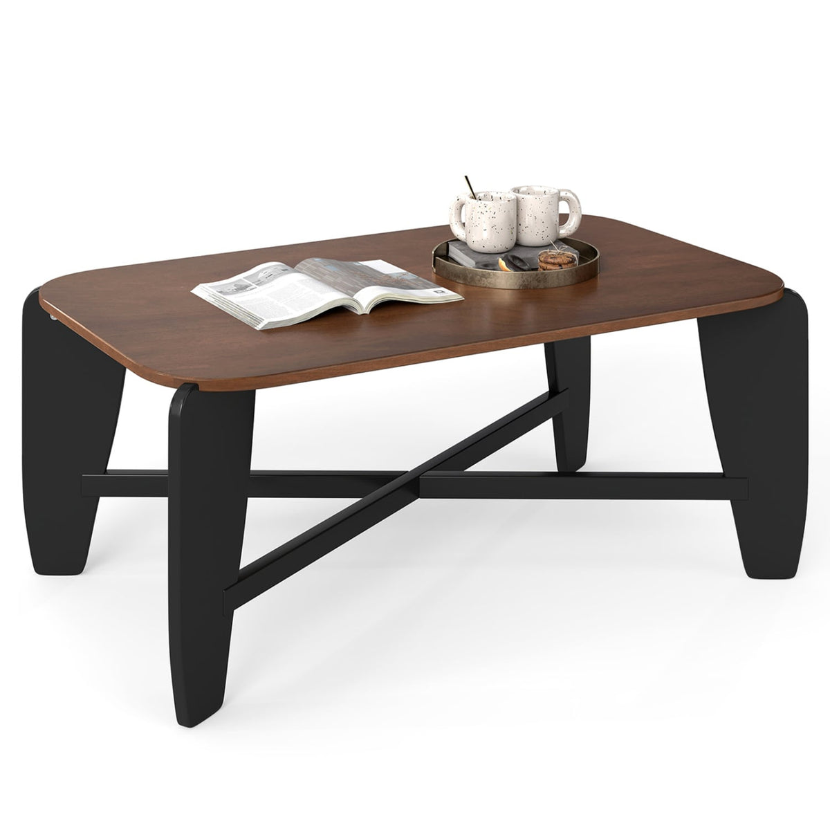 Modern Coffee Table with Rubber Wood Cross-Leg Base Rectangular Center Table-Walnut-Coffee Tables-DECOROLALA