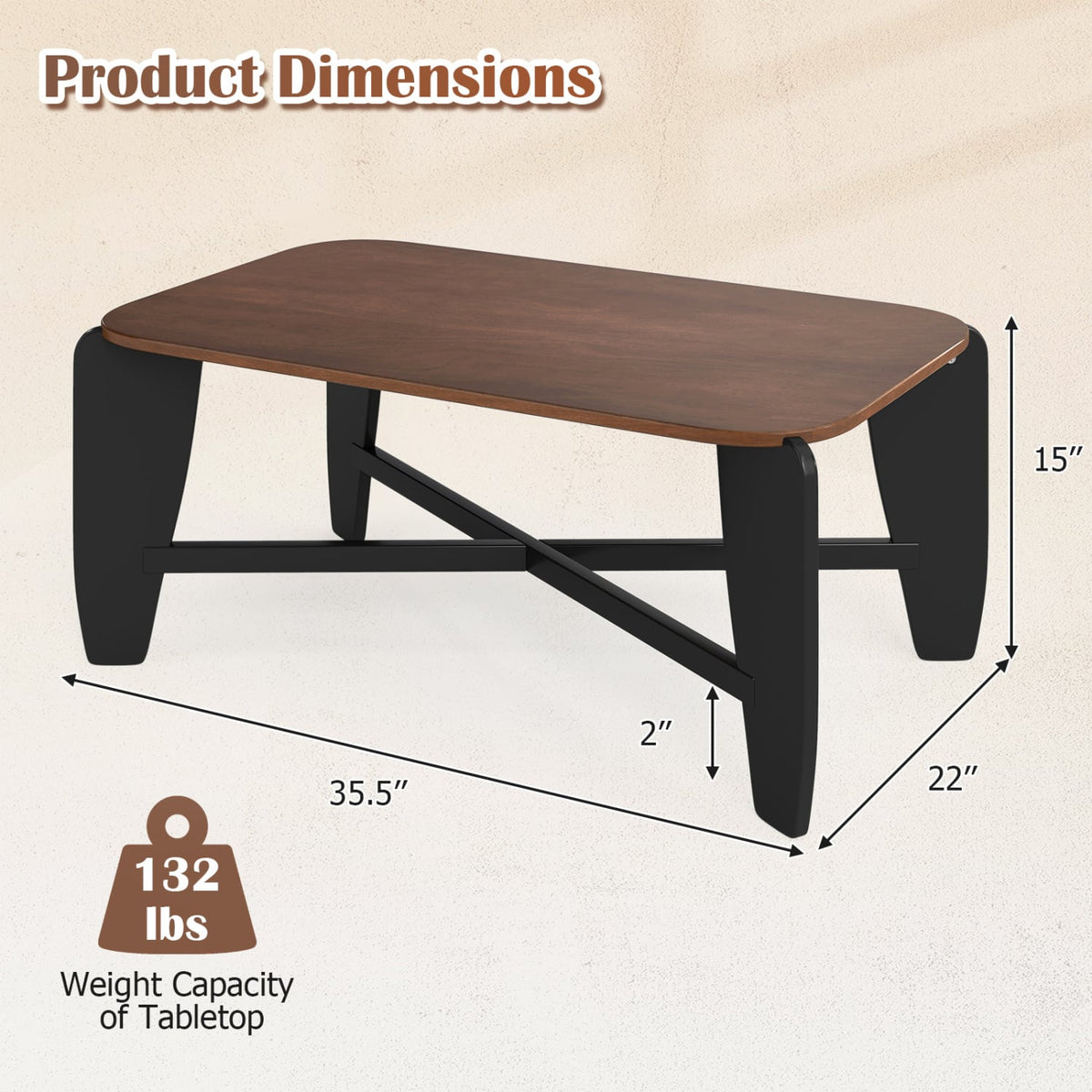Modern Coffee Table with Rubber Wood Cross-Leg Base Rectangular Center Table-Walnut-Coffee Tables-DECOROLALA