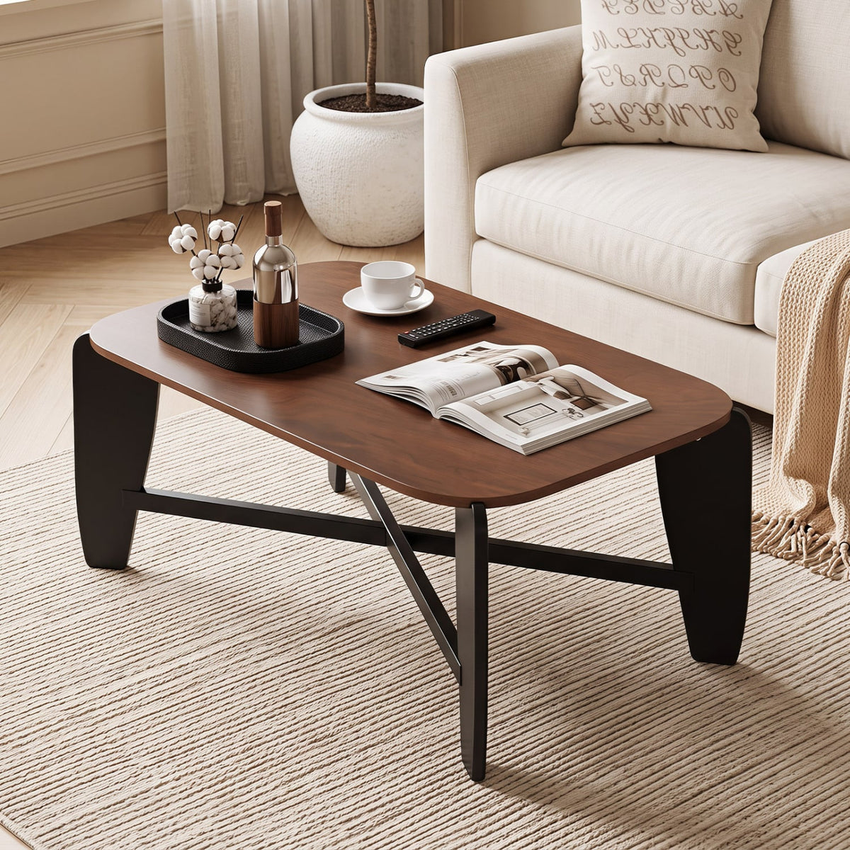 Modern Coffee Table with Rubber Wood Cross-Leg Base Rectangular Center Table-Walnut-Coffee Tables-DECOROLALA