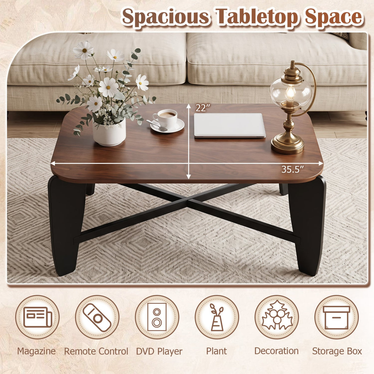 Modern Coffee Table with Rubber Wood Cross-Leg Base Rectangular Center Table-Walnut-Coffee Tables-DECOROLALA