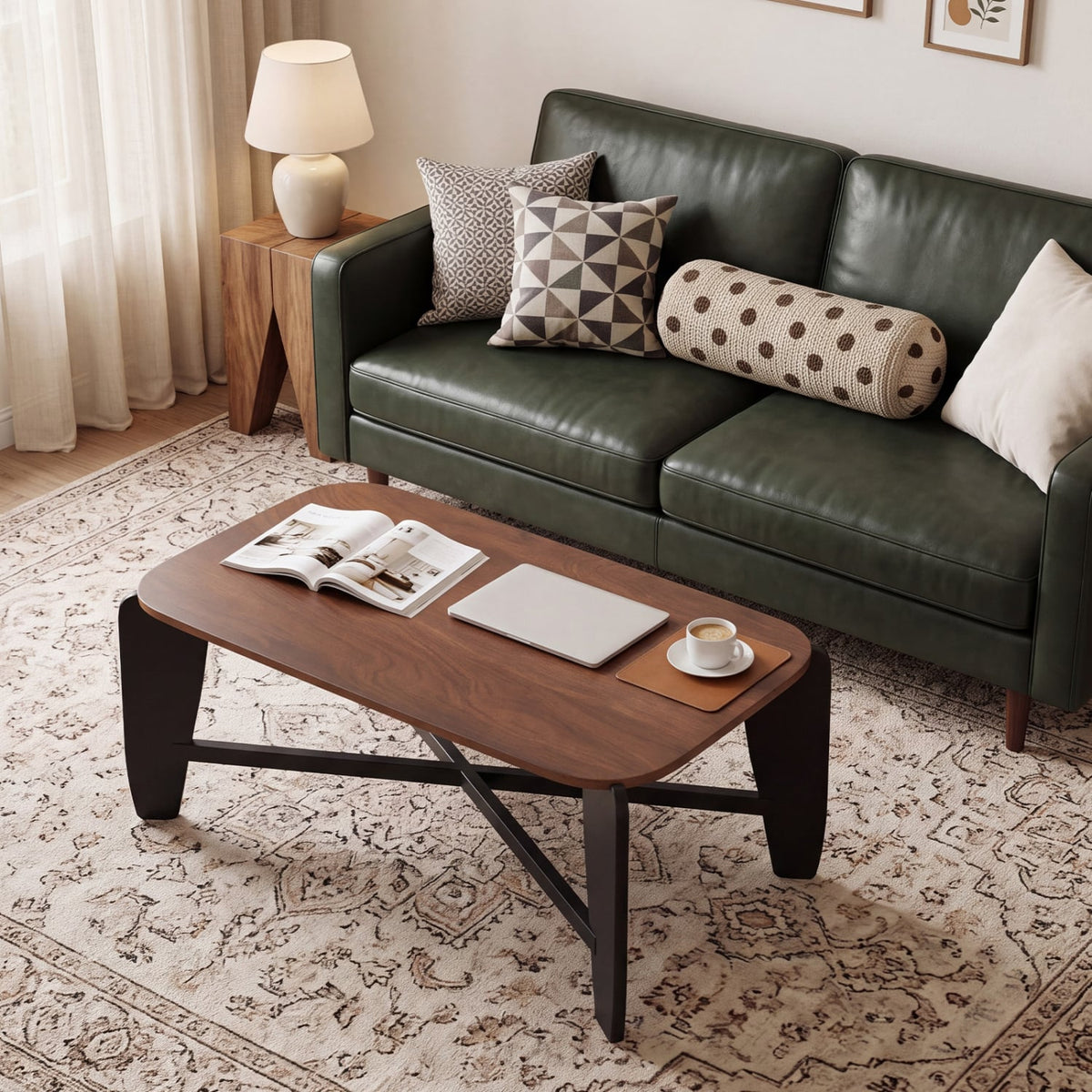 Modern Coffee Table with Rubber Wood Cross-Leg Base Rectangular Center Table-Walnut-Coffee Tables-DECOROLALA