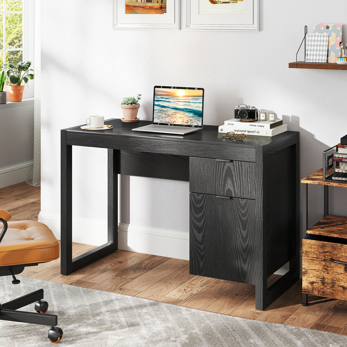 Modern Computer Desk Writing Workstation with Cabinet and Drawer-Black ...