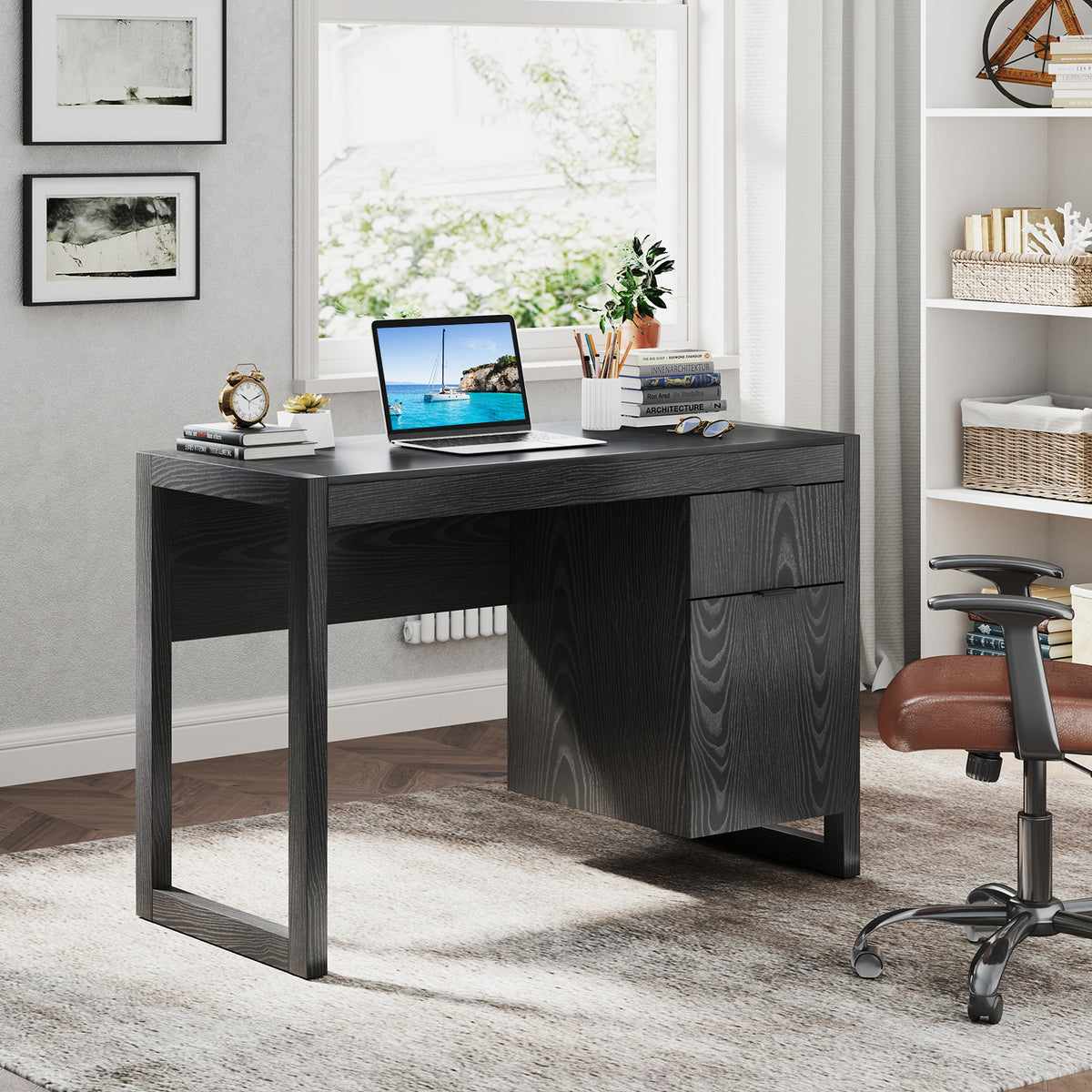 Modern Computer Desk Writing Workstation with Cabinet and Drawer-Black ...