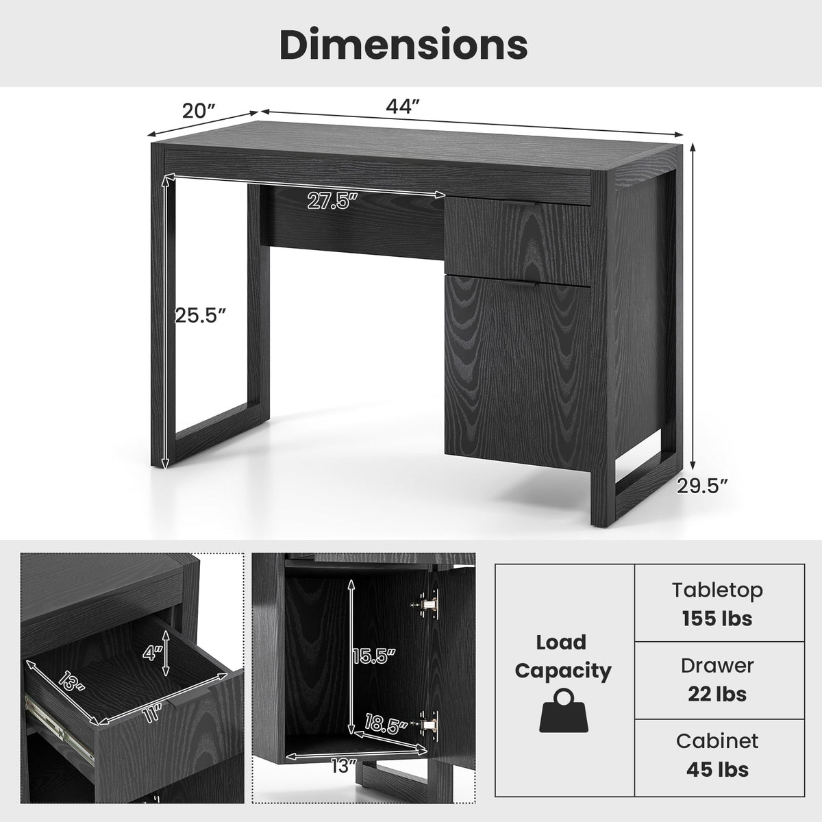 Modern Computer Desk Writing Workstation with Cabinet and Drawer-Black ...